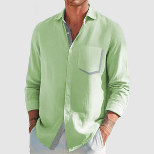 Men's Classic Color Block Patchwork Cotton Linen Shirt