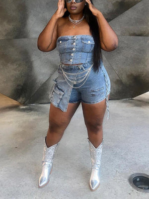 Denim Tube Top Cargo Skort Set