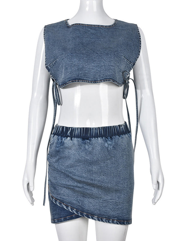 Lace-up Denim Vest  Skirt Set