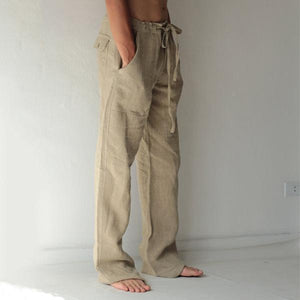 Loose Fit Leisure Trousers Drawstring Elastic Waist Solid Color Linen Straight Pants Long Pants Homewear