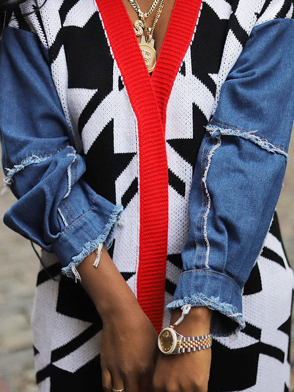 Denim Sleeve Houndstooth Cardigan