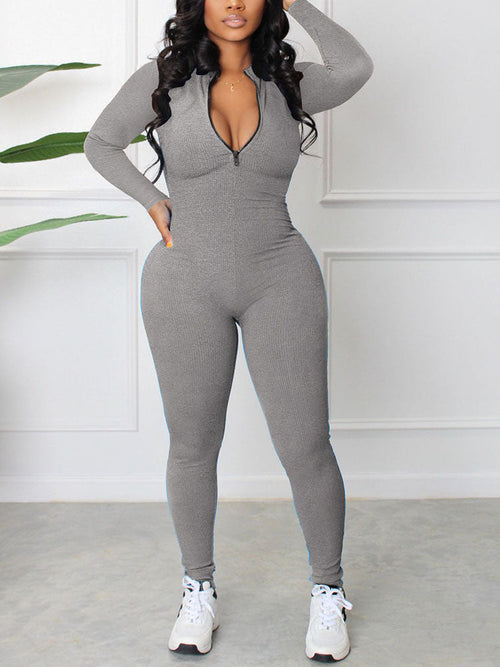 Zipper Front V Neck Jumpsuit