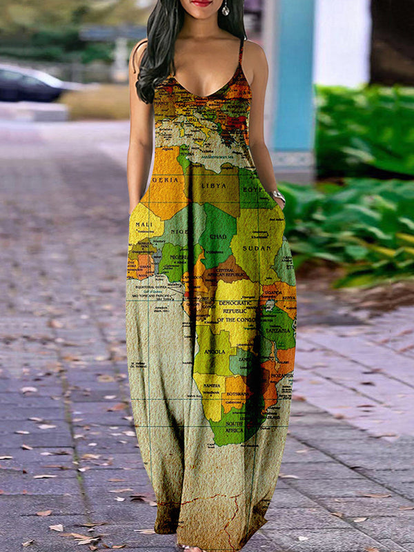 Casual Map Print Spaghetti Strap Maxi Dress