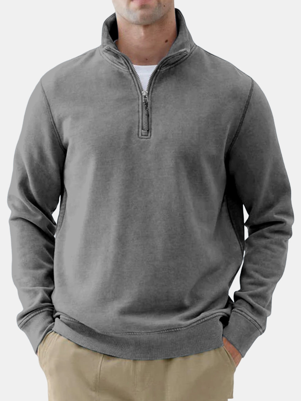 Men's Vintage Solid Color Zip Stand-Up Sweatshirt