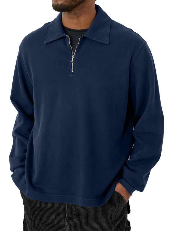 Men's Casual Half-Zip Lapel Solid Color Long Sleeve T-Shirt