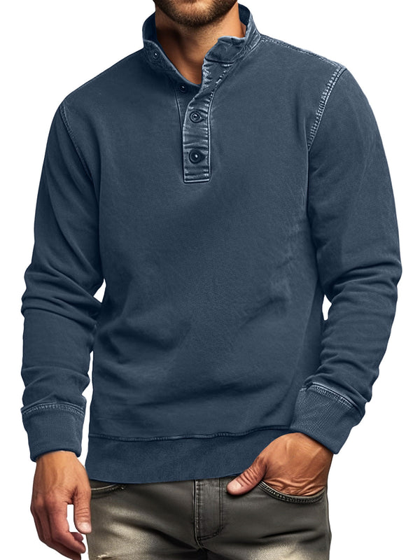 Men's Retro Stand Collar Button Solid Color Sweatshirt