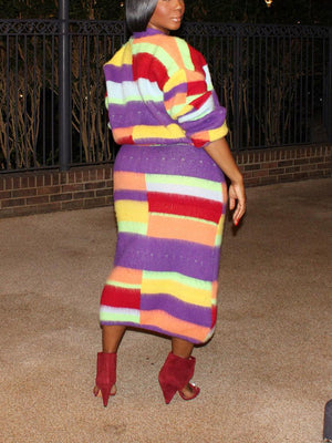 Rainbow Striped Cardigan & Skirt Set