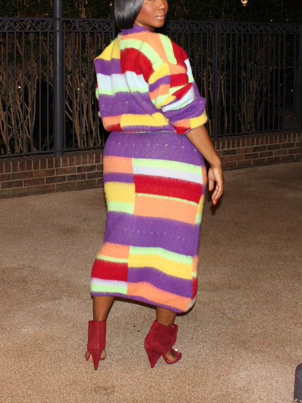 Rainbow Striped Cardigan & Skirt Set