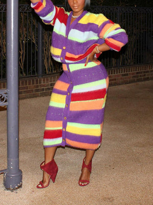 Rainbow Striped Cardigan & Skirt Set