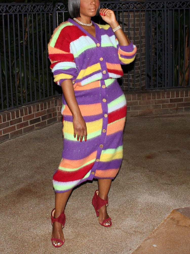 Rainbow Striped Cardigan & Skirt Set