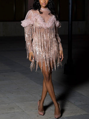 Sequin Fringe Mesh Party Dress