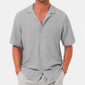 Men's lapel casual solid color short sleeve button linen shirt