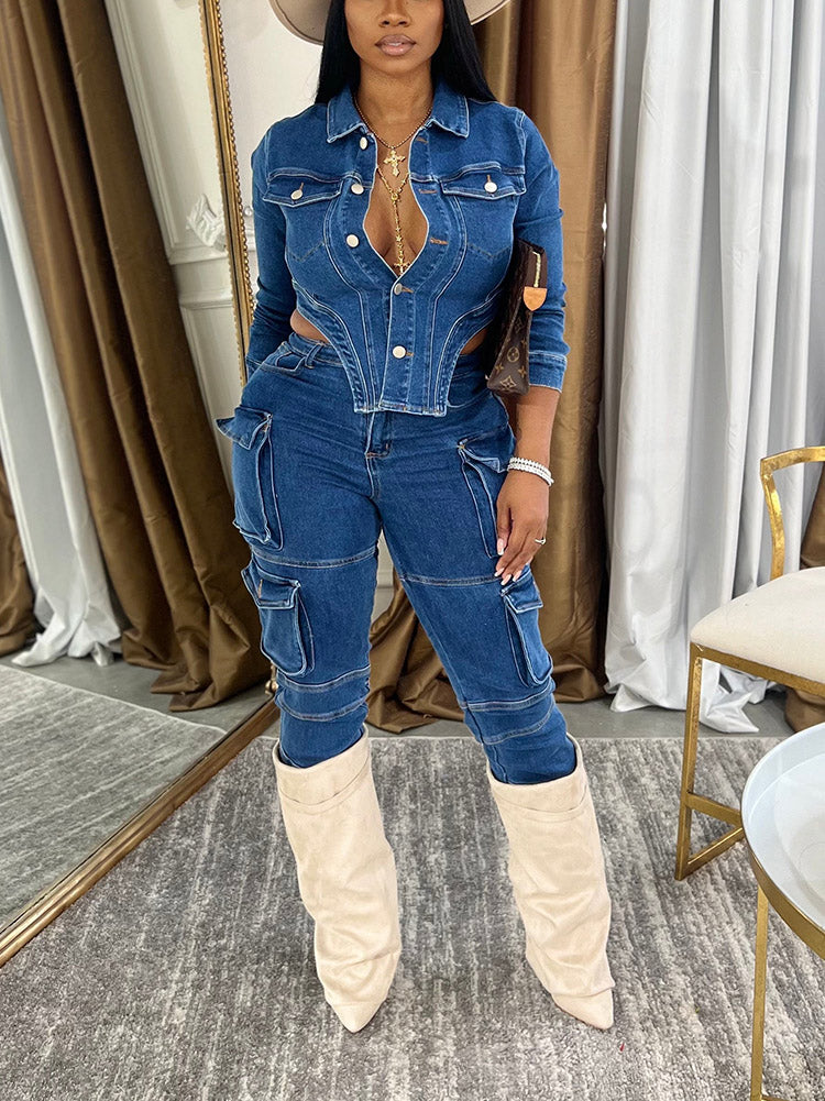 Denim Asymmetrical Jacket & Cargo Jeans Set