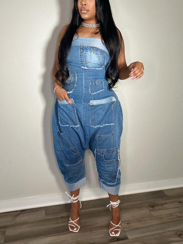 Strapless Cargo Denim Loose Jumpsuit