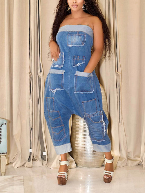 Strapless Cargo Denim Loose Jumpsuit