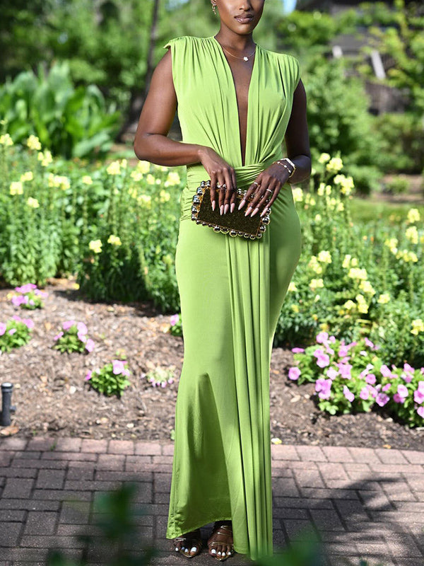 Elegant Plunge Draped Maxi Dress