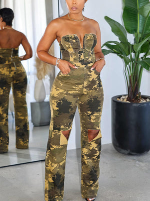 Ripped Strapless Camo Jumpsuit