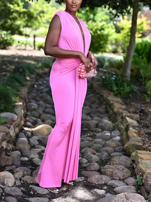 Elegant Plunge Draped Maxi Dress