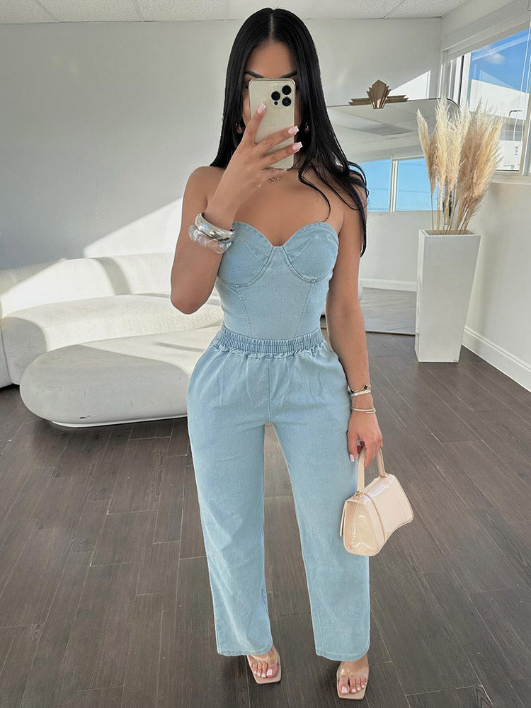 Denim Tube Top Wide Leg Pants Set