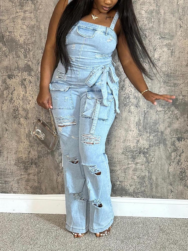 Ripped Cargo Denim Jumpsuit