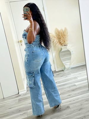 Cross Strapless Denim Jumpsuit