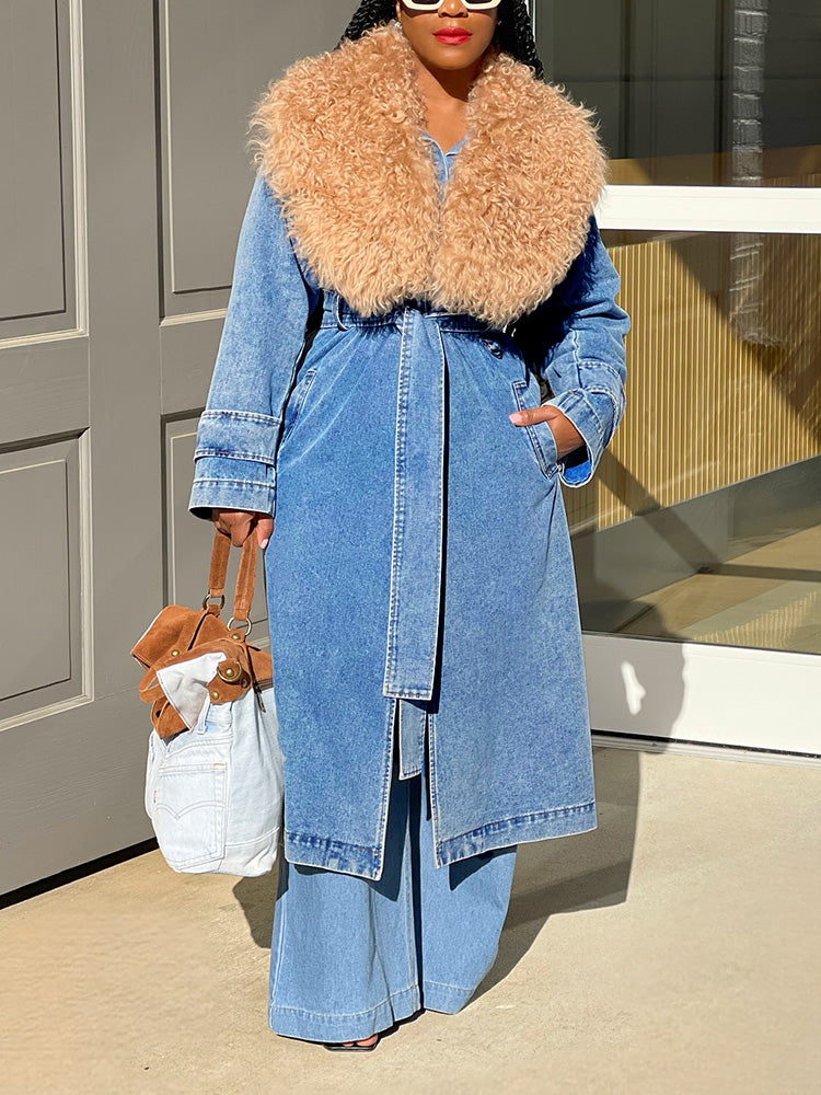 Fur Collar Denim Trench Coat