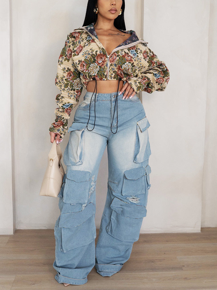 Vintage Floral Zip-Up Crop Jacket