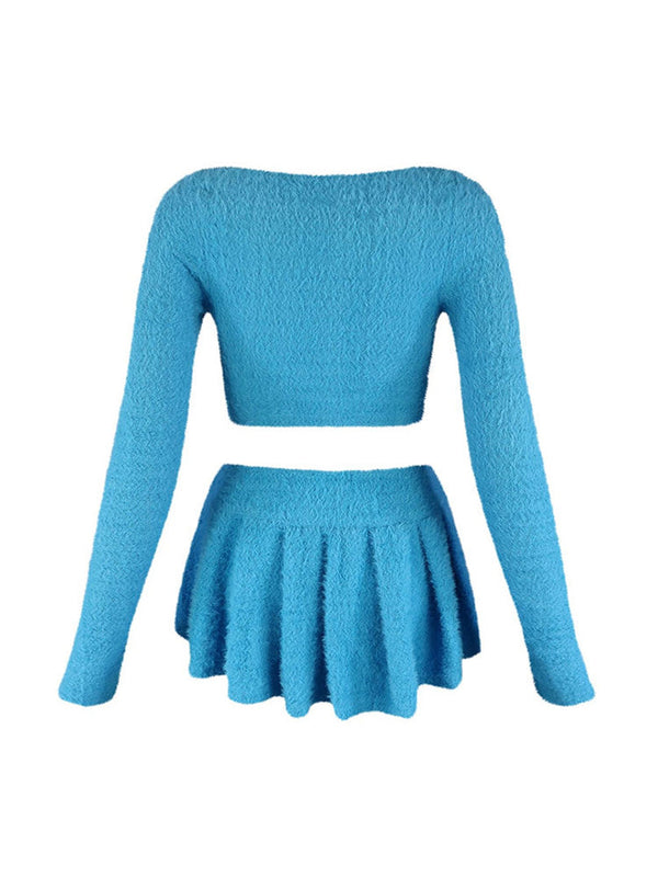 Fuzzy Cardigan Top & Skirt Set