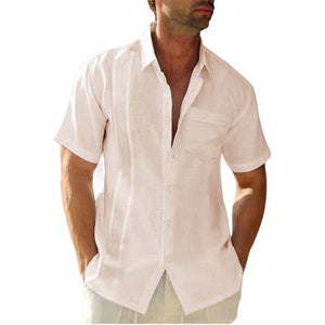 Men's summer lapel solid color cotton and linen cardigan casual short-sleeved shirt