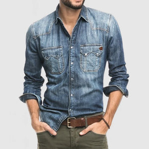 Men's New Double Pocket Men's Casual Long Sleeve Denim Shirt