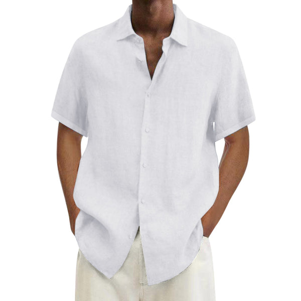 Men's solid cotton short sleeve loose lapel shirt