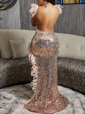 Sequin Feather Slit Party Dress