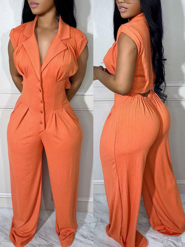 Cut Out Back Button Down Jumpsuit