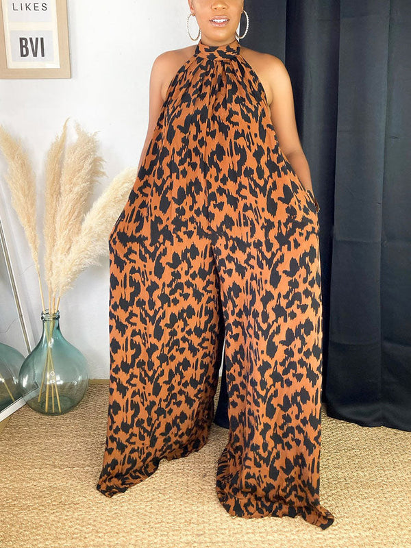 Leopard Halter Backless Jumpsuit