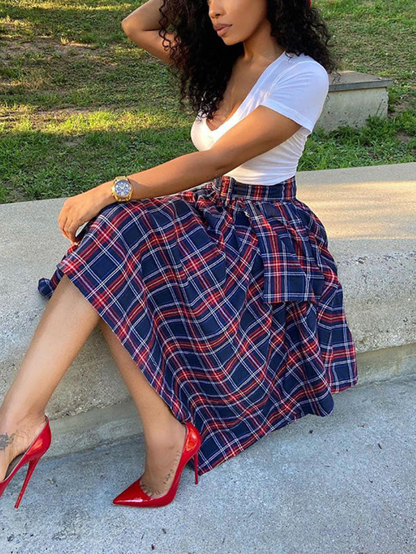 Asymmetric Plaid Midi Skirt