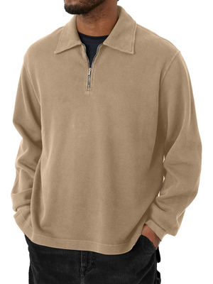 Men's Casual Half-Zip Lapel Solid Color Long Sleeve T-Shirt