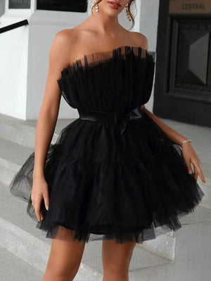 Bow Decor Layered Tulle Cocktail Dress