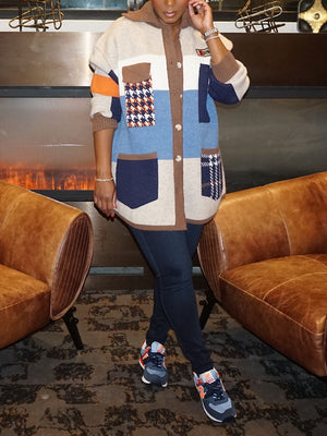 Retro Color Block Sweater Cardigan