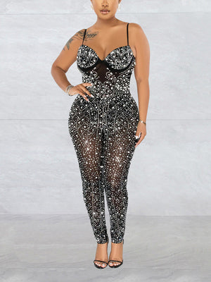 Rhinestone Zipper Mesh Jumpsuit