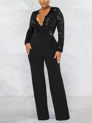 Lace V Neck With Belt Jumpsuit