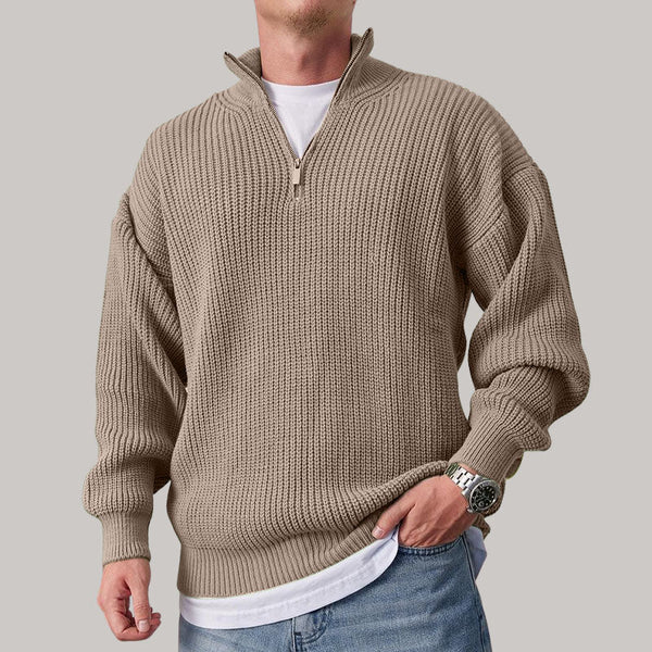 Men's Casual Loose Zipper Stand Collar Solid Color Sweater