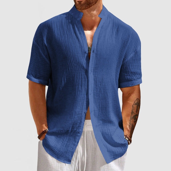 Men's Casual Pleated Textured Short Sleeve Shirt