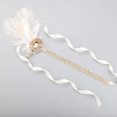 YM & Dancer P25 Bridal 1920s Flapper Feather Headband with Crystal Pearl Head Chain White Feather Roaring 20s Headpiece Prom Party Festival Gatsby Hair Jewelry for Women and Girls