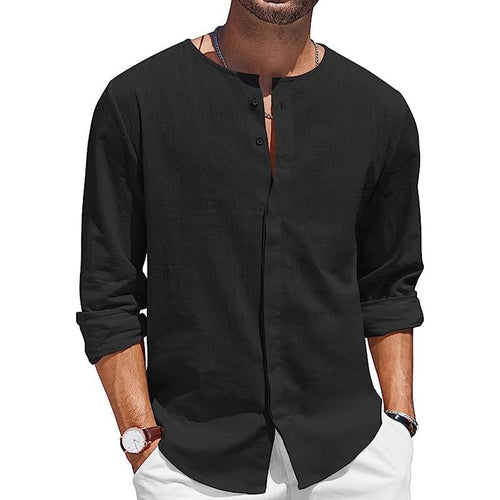 Men's Round Neck Premium Linen Breathable Comfortable Inner Button Long Sleeve Shirt