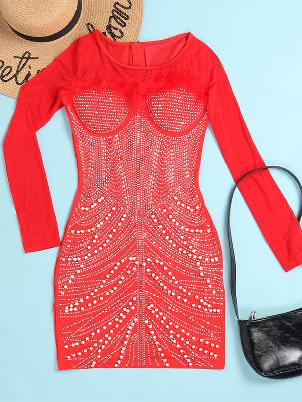 Feather Pearl Rhinestone Minidress