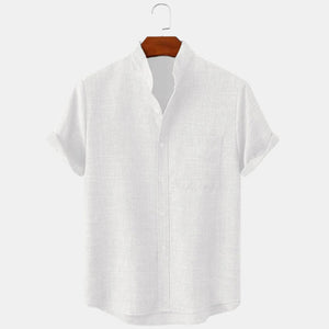 Men's solid colored linen short sleeved lapel shirt