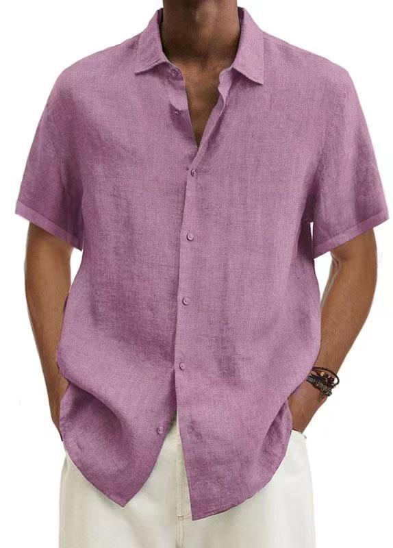 Men's solid cotton short sleeve loose lapel shirt