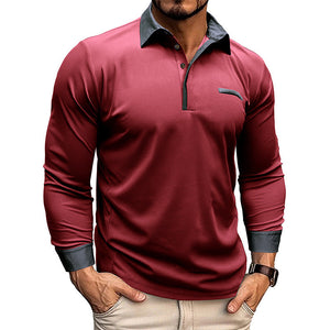 Men's new casual long sleeve lapel Polo shirt Henry shirt men's top