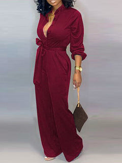 Button Belted Wide Leg Jumpsuit