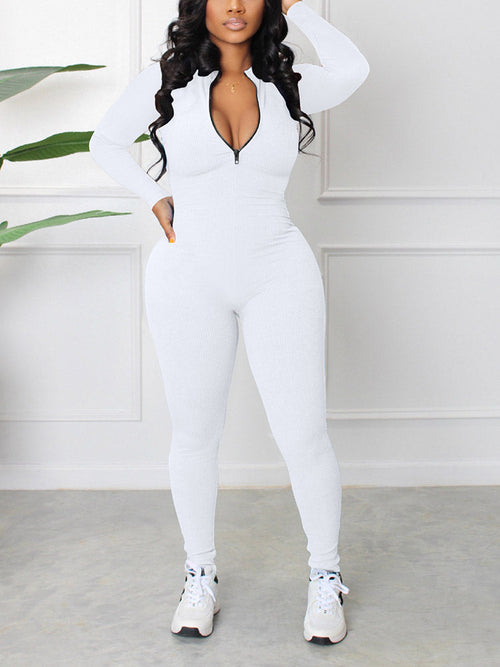 Zipper Front V Neck Jumpsuit